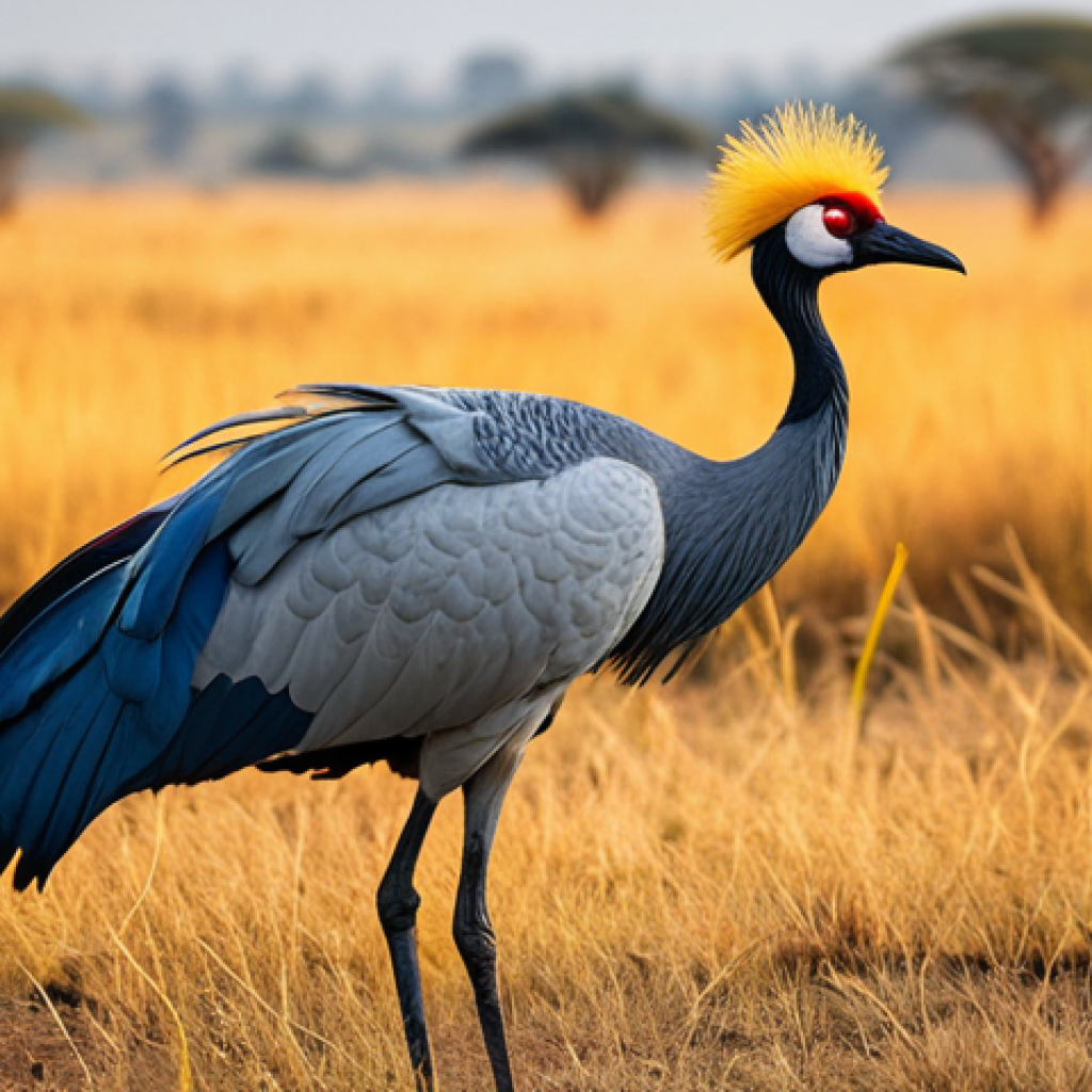 An elegant Ugandan Crested Crane, showcasing its distinctive golden-yellow feathered crown and vibrant blue-grey plumage with a striking red eye patch. The crane is captured in a graceful, natural dance pose, with wings slightly spread, in the golden light of an African sunrise. The background features soft-focus, expansive savanna grasslands. Perfect anatomy, correct proportions, well-formed, natural body proportions. Professional wildlife photography, ultra-detailed, high resolution, safe for work, appropriate content, fully clothed, family-friendly.