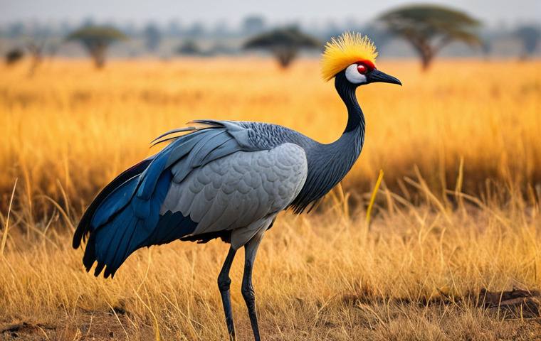 An elegant Ugandan Crested Crane, showcasing its distinctive golden-yellow feathered crown and vibrant blue-grey plumage with a striking red eye patch. The crane is captured in a graceful, natural dance pose, with wings slightly spread, in the golden light of an African sunrise. The background features soft-focus, expansive savanna grasslands. Perfect anatomy, correct proportions, well-formed, natural body proportions. Professional wildlife photography, ultra-detailed, high resolution, safe for work, appropriate content, fully clothed, family-friendly.