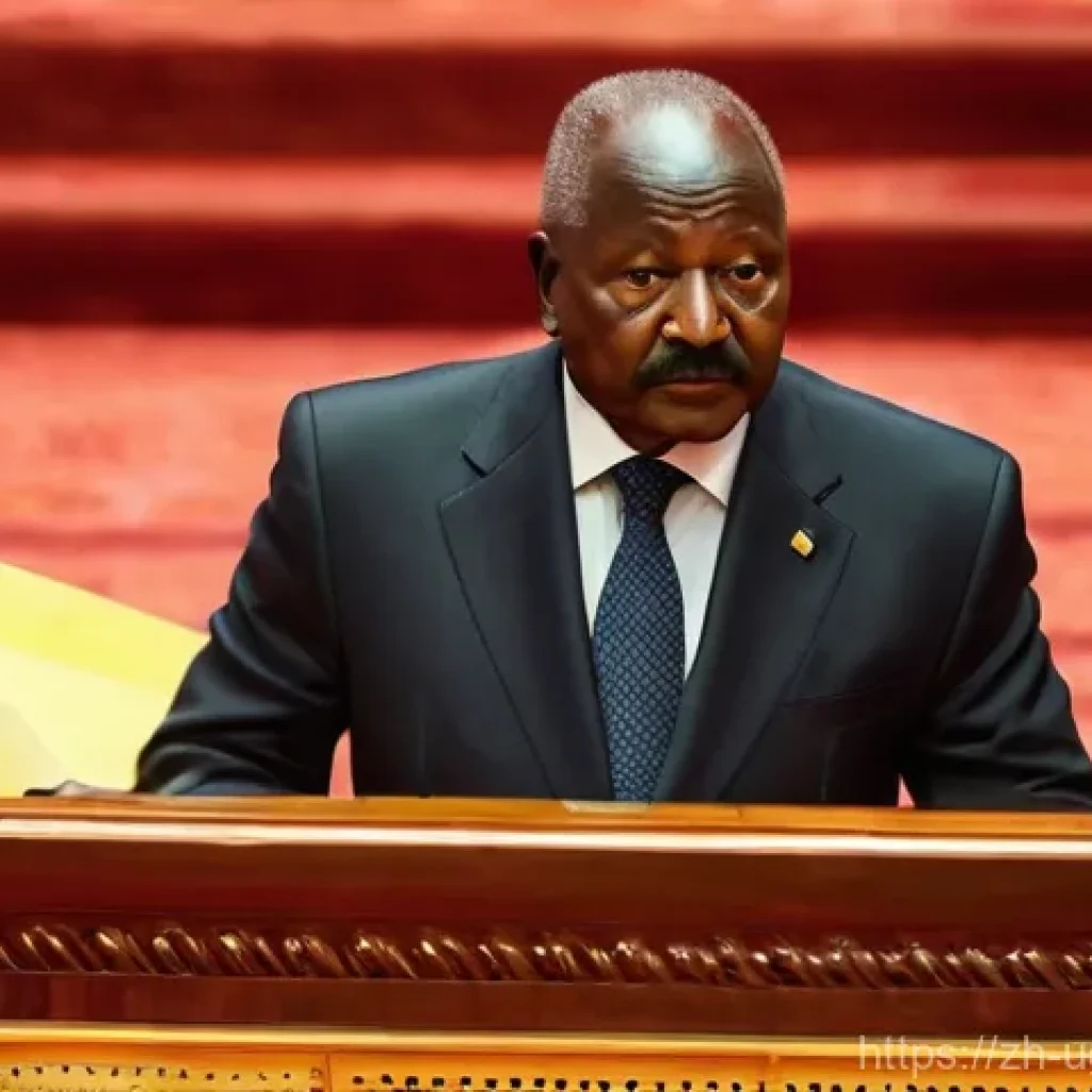우간다 정치 상황 - **Prompt:** A dignified, older African statesman, resembling Yoweri Museveni, stands confidently and...