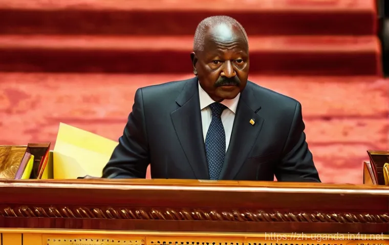 우간다 정치 상황 - **Prompt:** A dignified, older African statesman, resembling Yoweri Museveni, stands confidently and...