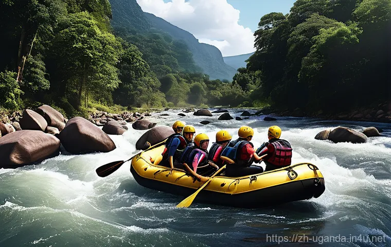 우간다 카누 스포츠 - Here are three detailed image generation prompts in English, inspired by your Ugandan white-water ra...