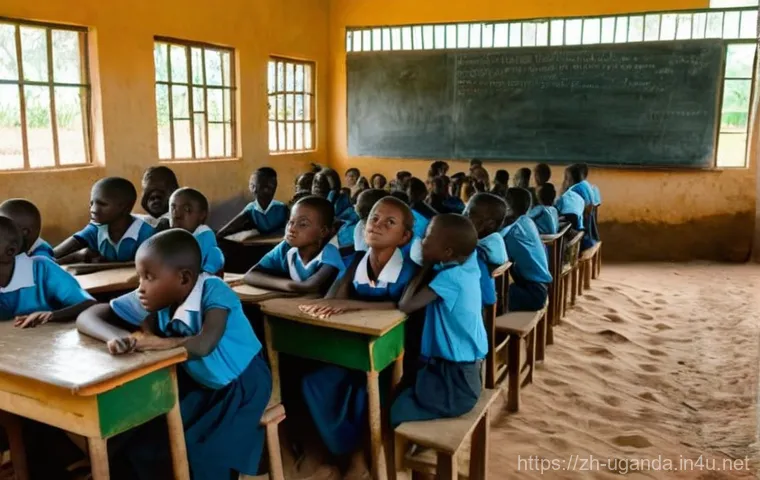 우간다 초등 교육 시스템 - **Overcrowded Rural Ugandan Classroom Scene:** A wide shot of a severely overcrowded primary school ...