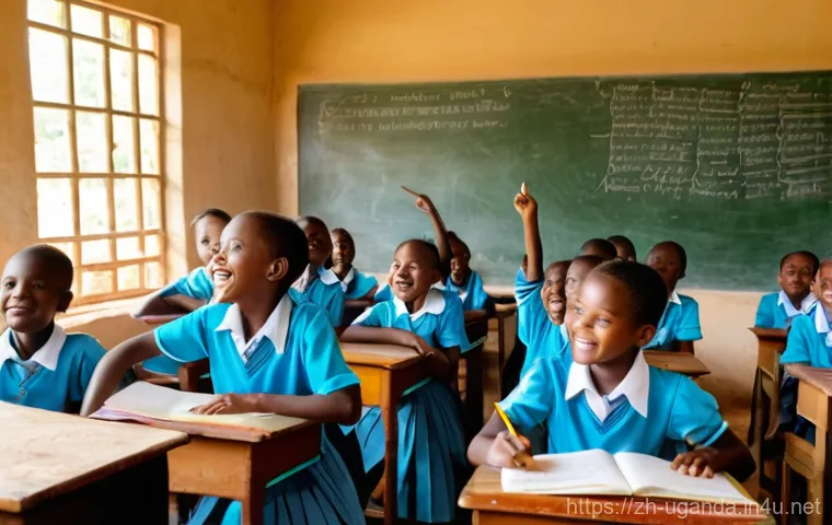 우간다 출신 노벨 수상자 - **Prompt:** A vibrant scene inside a brightly lit, newly built school in a rural Ugandan community. ...